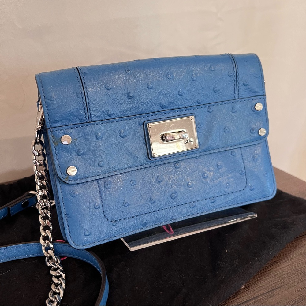 Milly Napa Ostrich Leather Clutch w Detachable Chain Crossbody Strap, Blue
